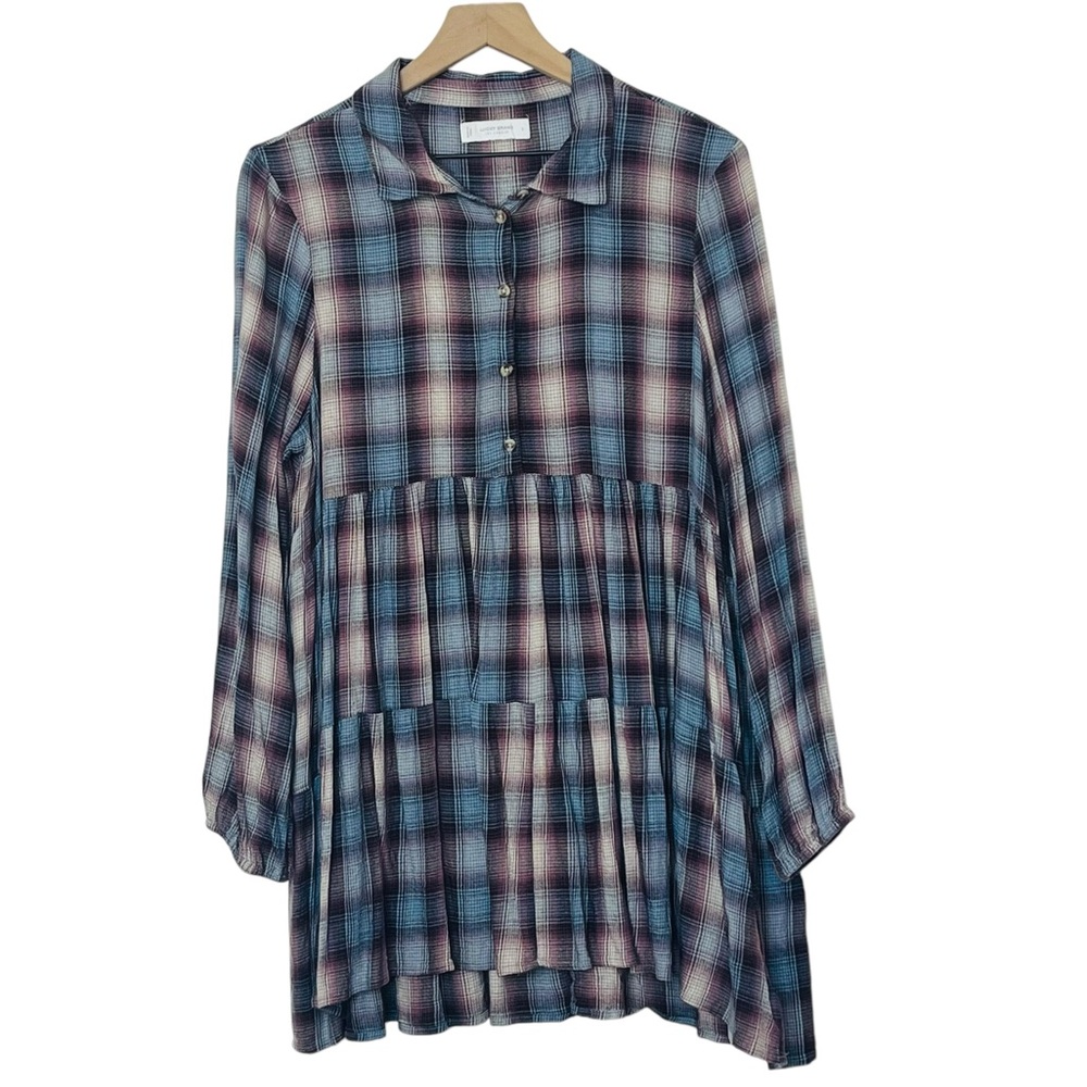Lucky Brand Plaid Flannel Grunge Babydoll Dress 90s Collared Size Large